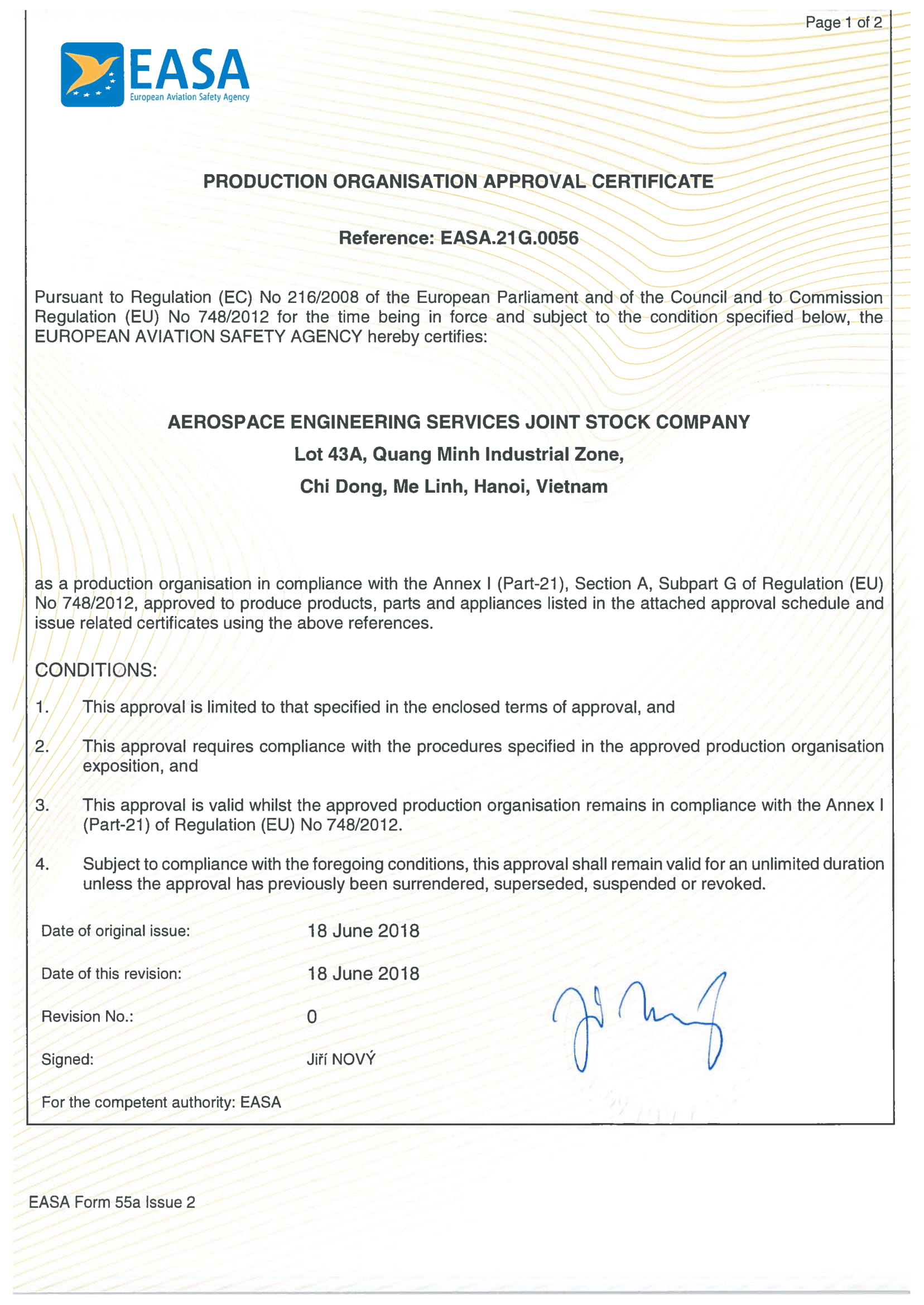 EASA Production Organisation Approval Certificate